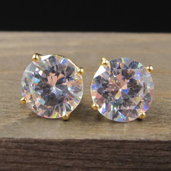 Jewelry - Sterling Silver Medium Size Clear CZ Gold Plated Stud Earrings Vintage
